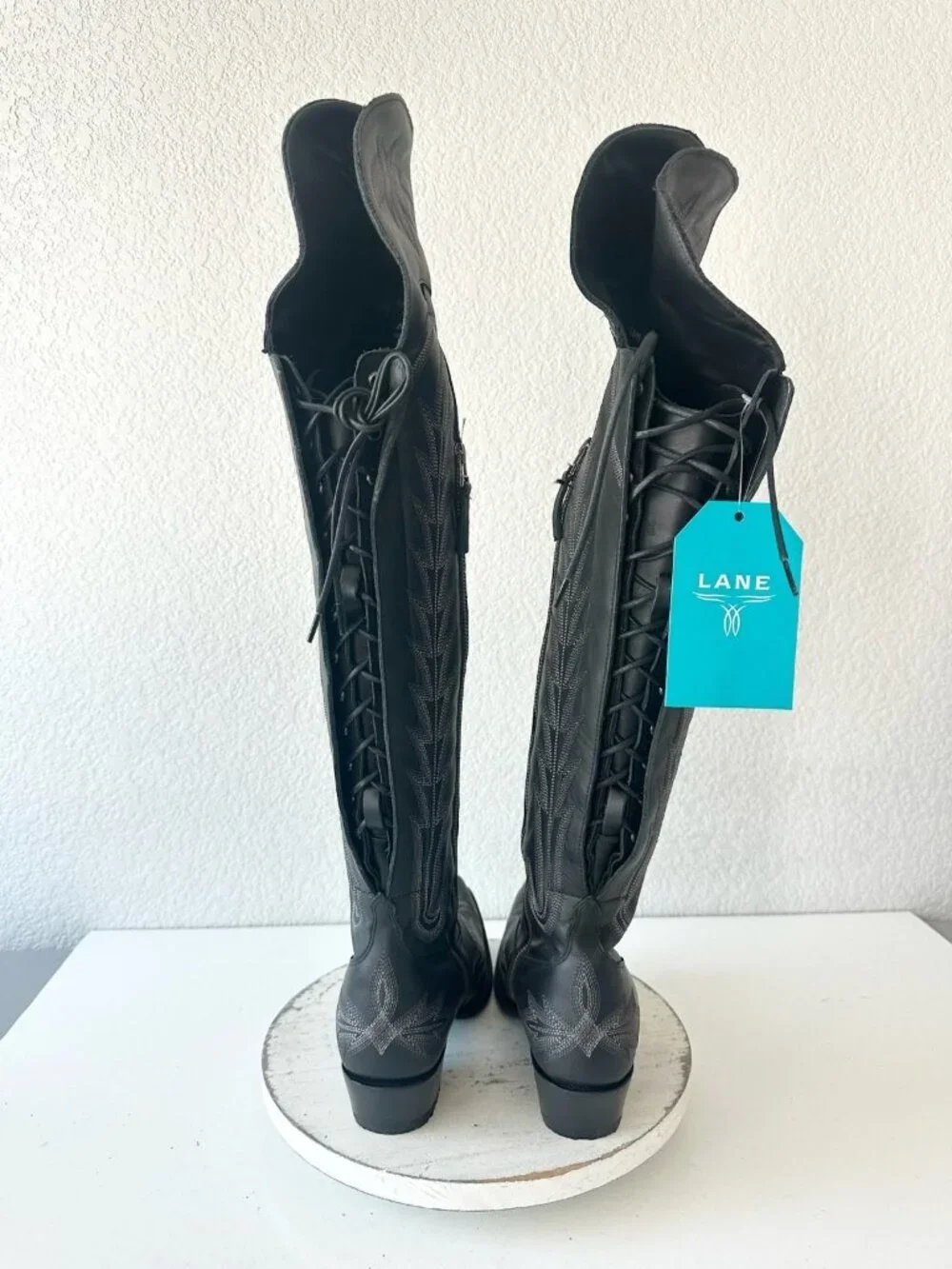 Lane LEXINGTON Over The Knee Womens Black Cowboy Boots Western Tall Lace Up 10
